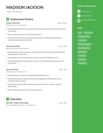 Fitness Technician Resume