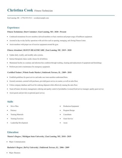 Fitness Technician Resume