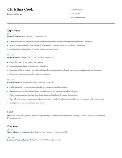 Fitness Technician Resume