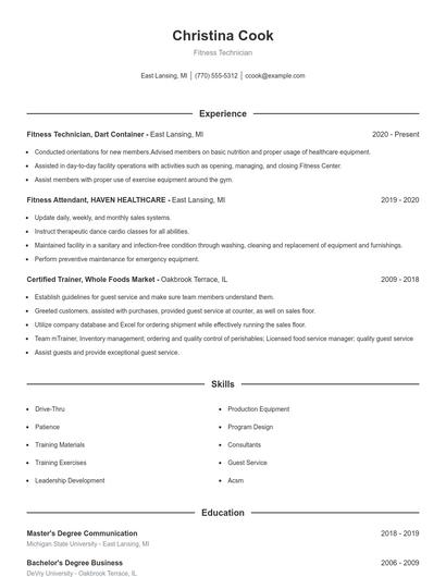 Fitness Technician Resume