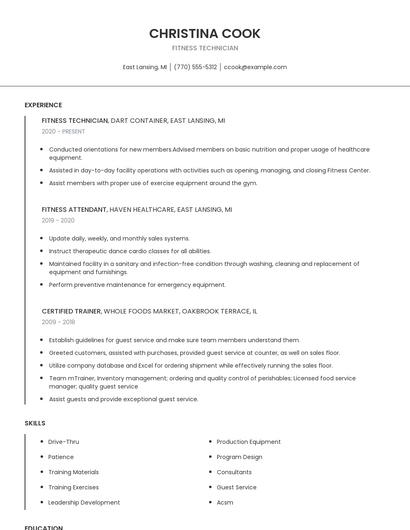 Fitness Technician Resume