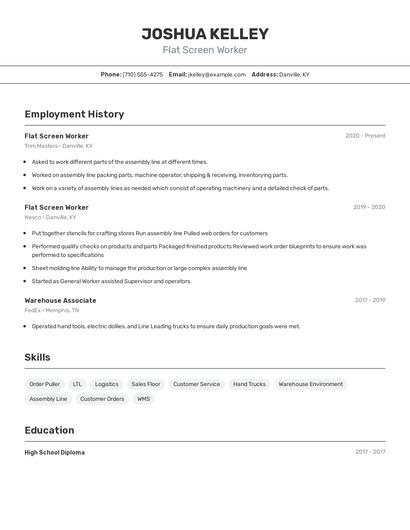 Flat Screen Worker Resume