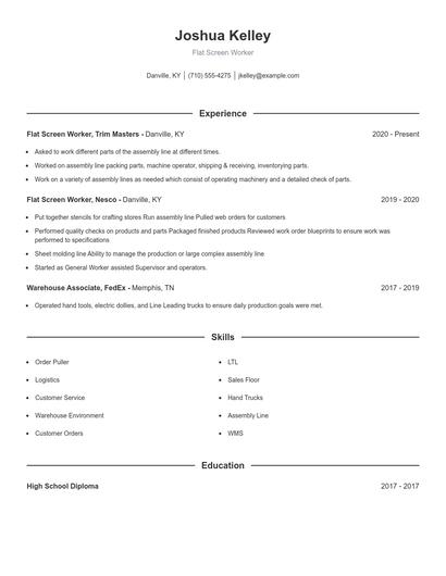 Flat Screen Worker Resume