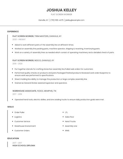 Flat Screen Worker Resume