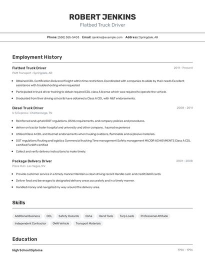 Flatbed Truck Driver Resume