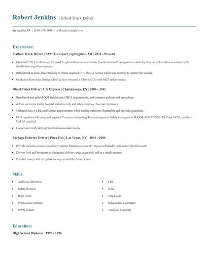 Flatbed Truck Driver Resume