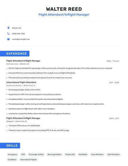 Flight Attendant/Inflight Manager Resume