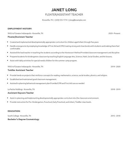 Floater/Assistant Teacher Resume