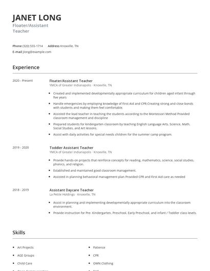 Floater/Assistant Teacher Resume