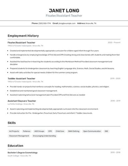 Floater/Assistant Teacher Resume