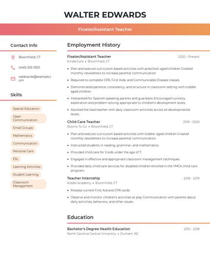 Floater/Assistant Teacher Resume