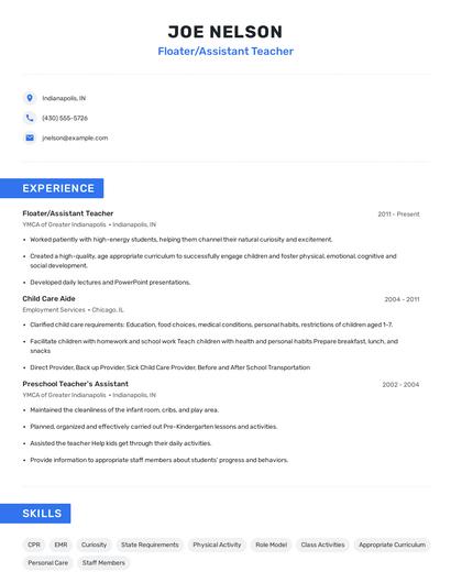 Floater/Assistant Teacher Resume