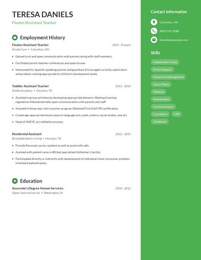 Floater/Assistant Teacher Resume