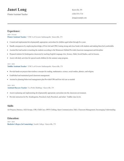 Floater/Assistant Teacher Resume