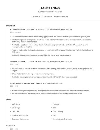 Floater/Assistant Teacher Resume