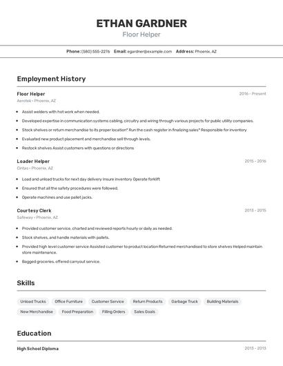 Floor Helper Resume