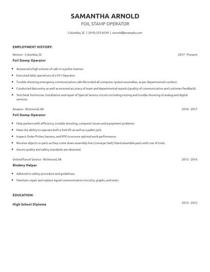 Foil Stamp Operator Resume