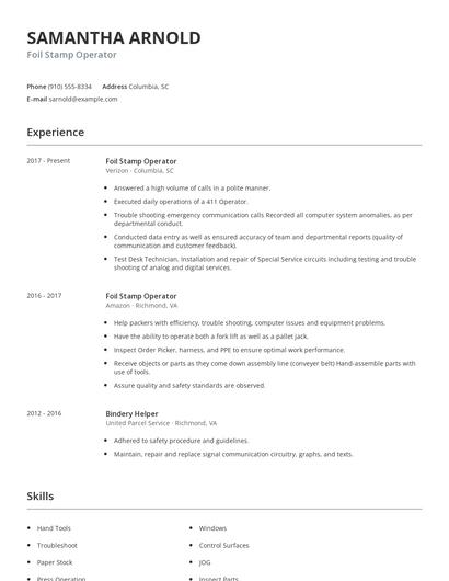 Foil Stamp Operator Resume