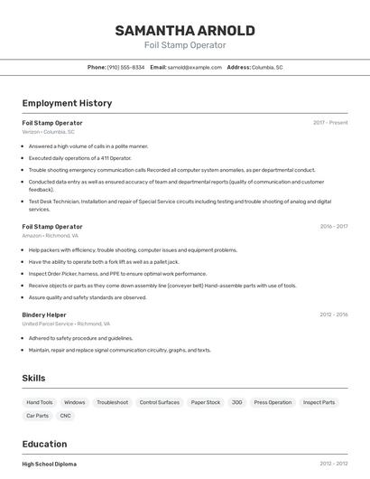 Foil Stamp Operator Resume