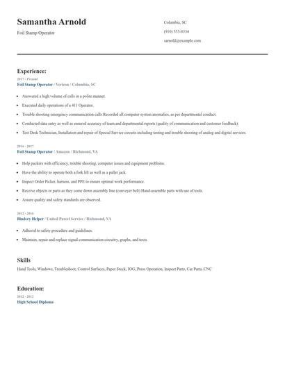 Foil Stamp Operator Resume