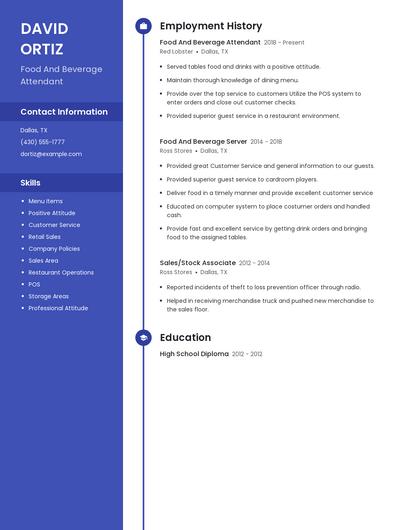 Food And Beverage Attendant Resume