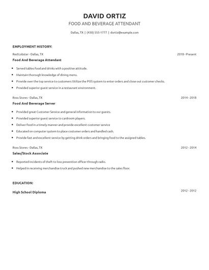 Food And Beverage Attendant Resume