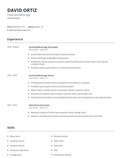Food And Beverage Attendant Resume