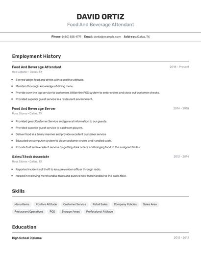 Food And Beverage Attendant Resume