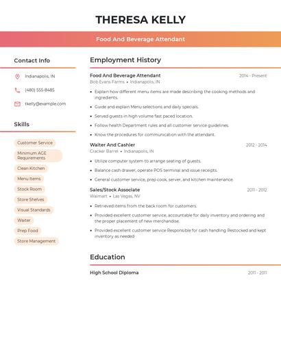 Food And Beverage Attendant Resume