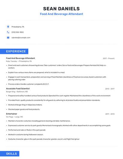Food And Beverage Attendant Resume