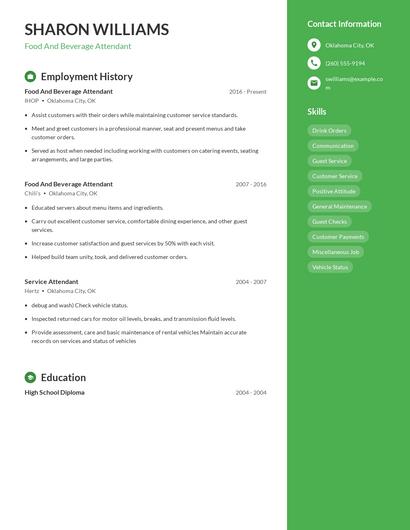Food And Beverage Attendant Resume
