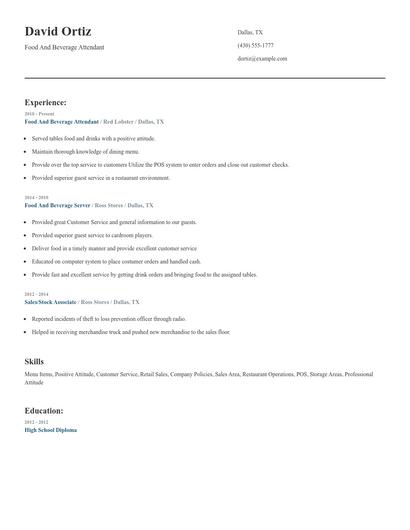 Food And Beverage Attendant Resume