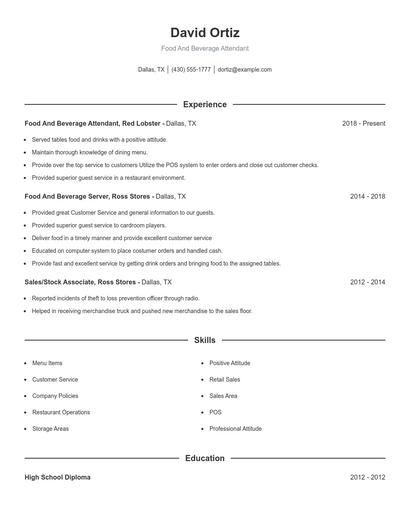 Food And Beverage Attendant Resume