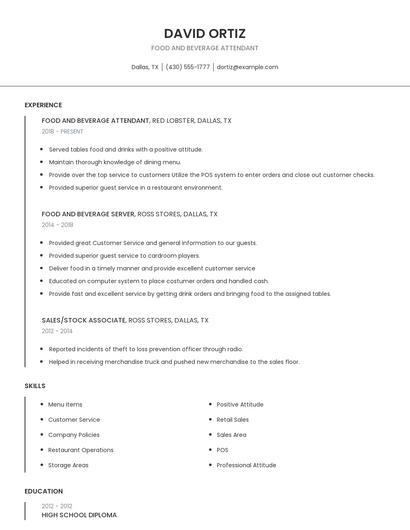 Food And Beverage Attendant Resume