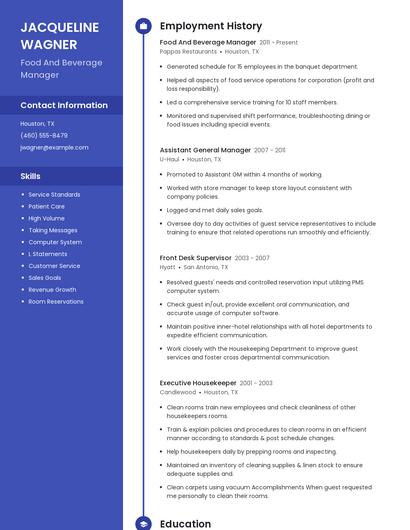 Food And Beverage Manager Resume