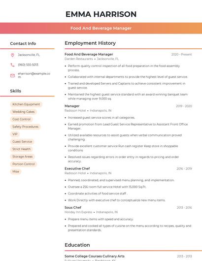 Food And Beverage Manager Resume