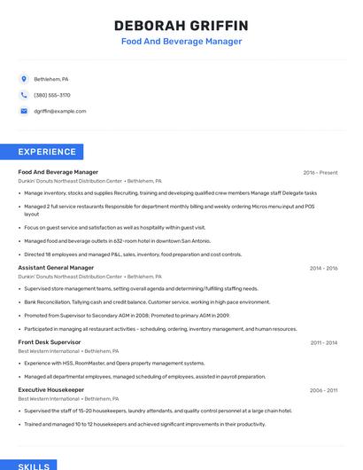 Food And Beverage Manager Resume