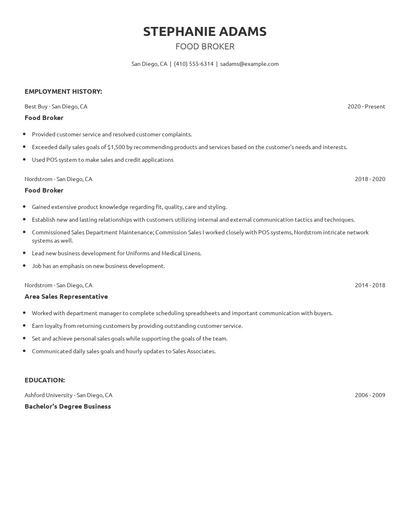 Food Broker Resume