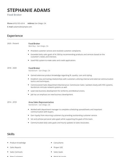 Food Broker Resume