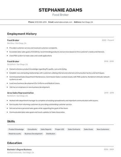 Food Broker Resume