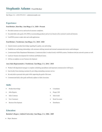 Food Broker Resume