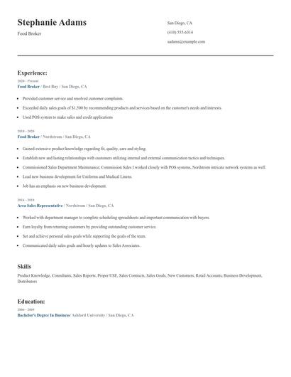 Food Broker Resume
