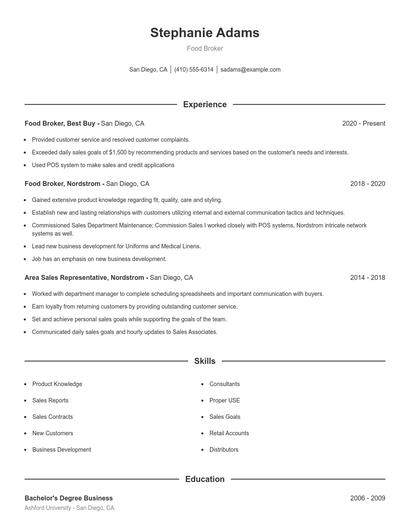 Food Broker Resume