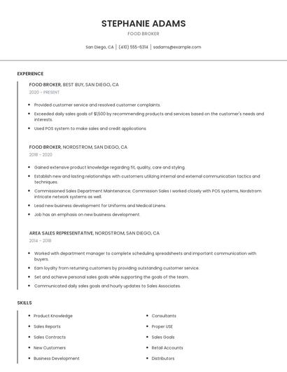 Food Broker Resume