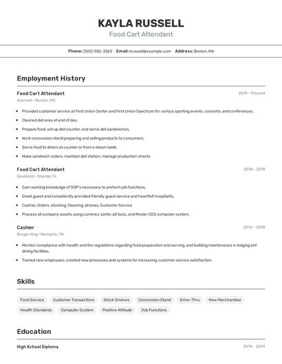 Food Cart Attendant Resume