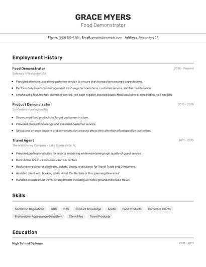 Food Demonstrator Resume
