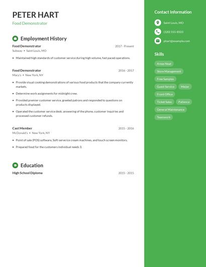 Food Demonstrator Resume