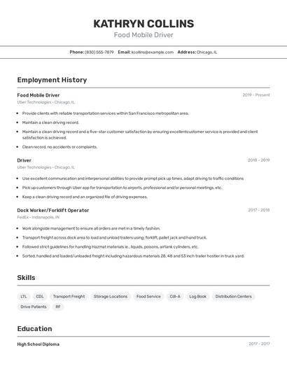 Food Mobile Driver Resume