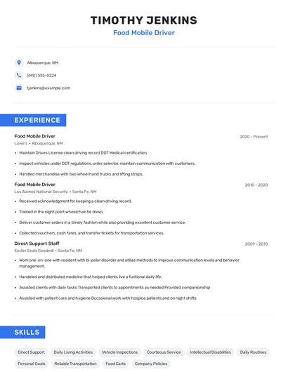 Food Mobile Driver Resume