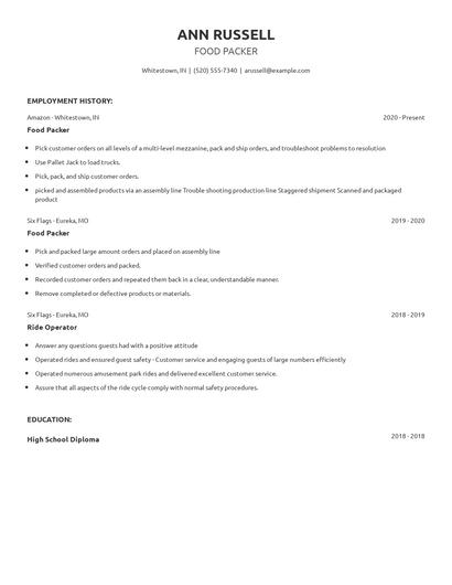 Food Packer Resume